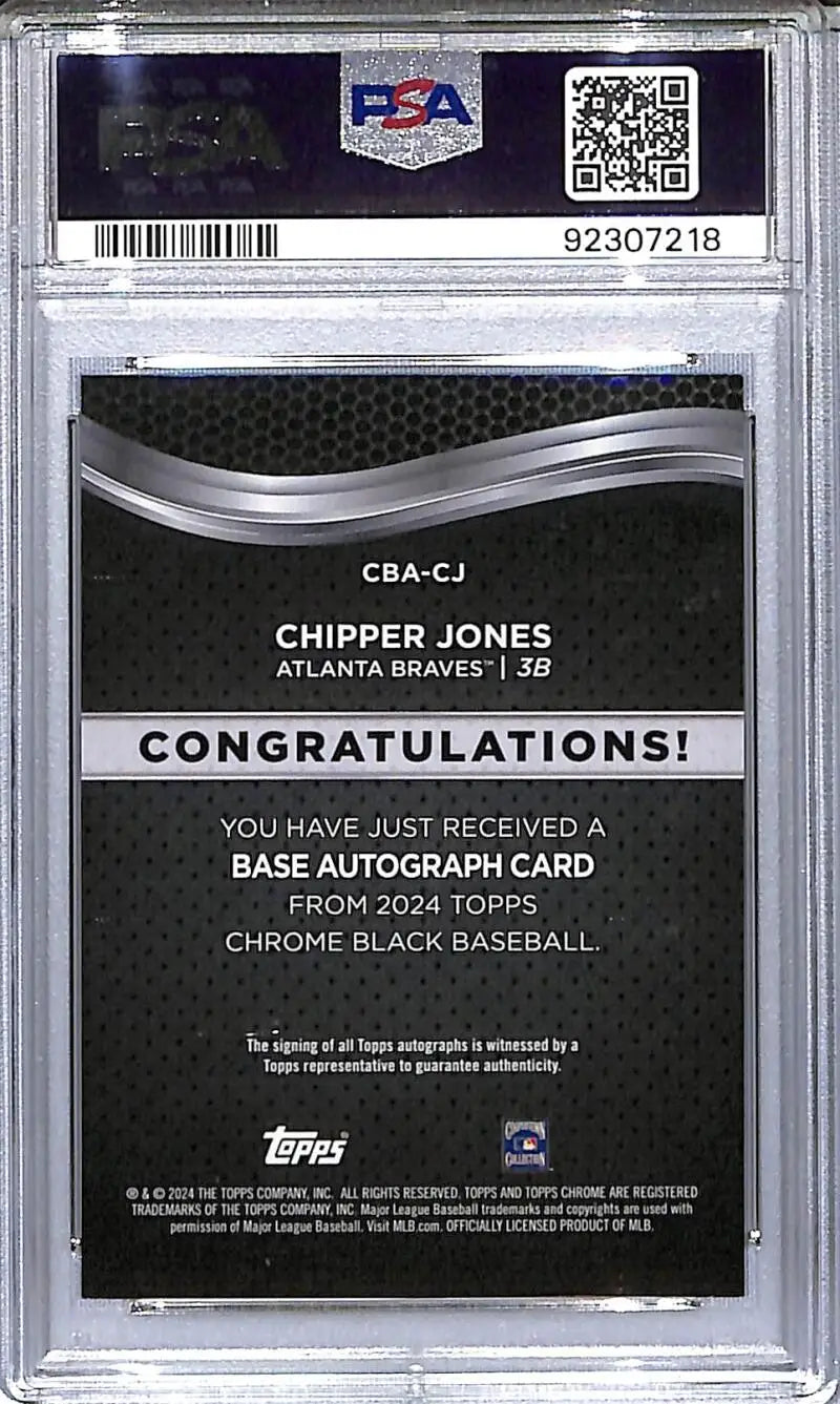 Graded Chipper Jones autograph card from Topps Chrome Black showcasing auto and GEM MINT grade