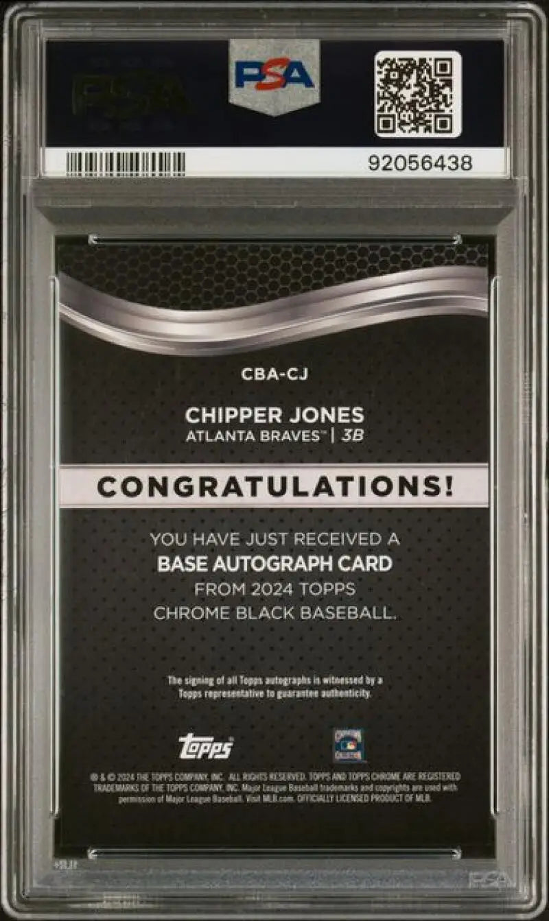 Back side of a PSA-graded Chrome Black Chipper Jones Auto Atlanta Braves card