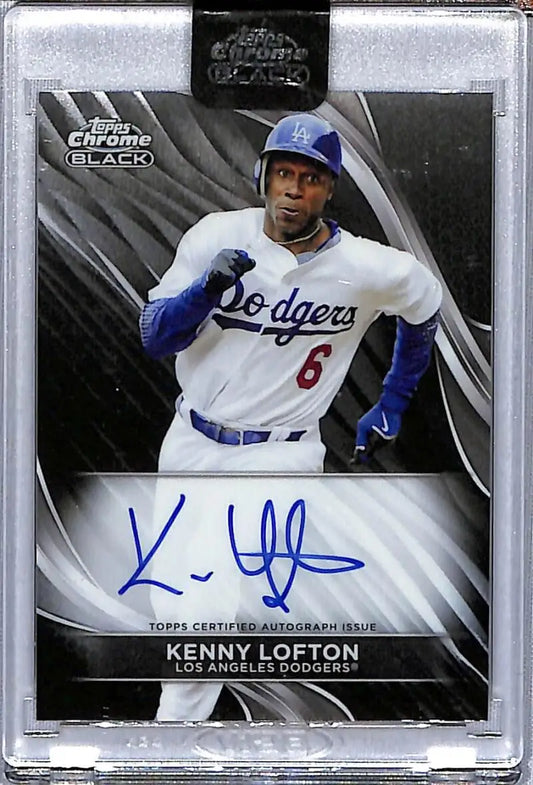 Signed Kenny Lofton Los Angeles Dodgers baseball card in white uniform with blue accents