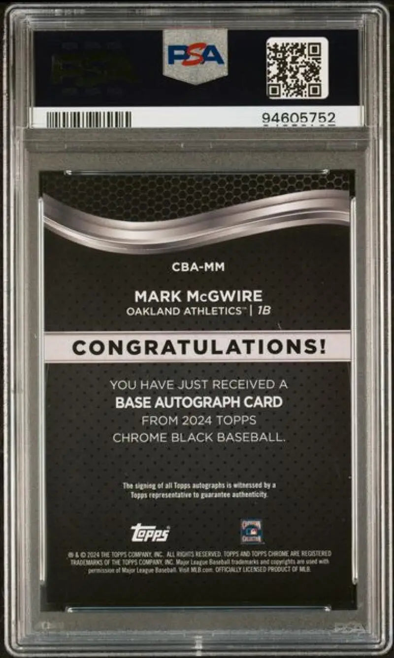 Back side of a PSA-graded Topps Chrome Black Mark McGwire Auto card for Oakland Athletics