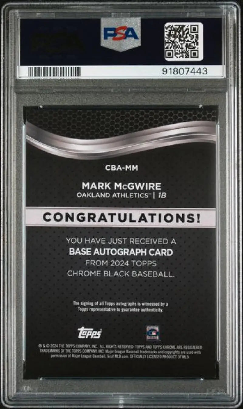 Back of PSA-graded Mark McGwire 2024 Topps Chrome Black GEM MINT Auto card with congratulatory text