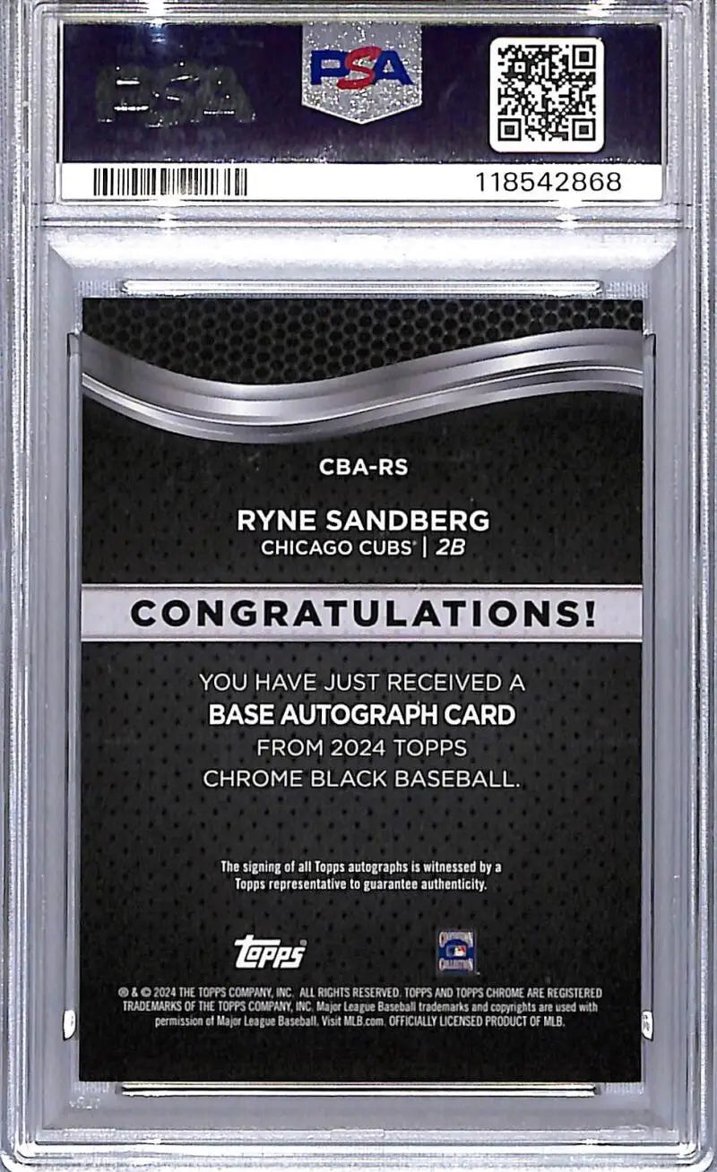 Ryne Sandberg 2024 Topps Chrome Black Baseball autograph card, PSA 9 MINT, Chicago Cubs