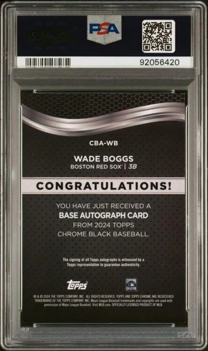 PSA-graded Topps Chrome Black Wade Boggs autographed card back Boston Red Sox