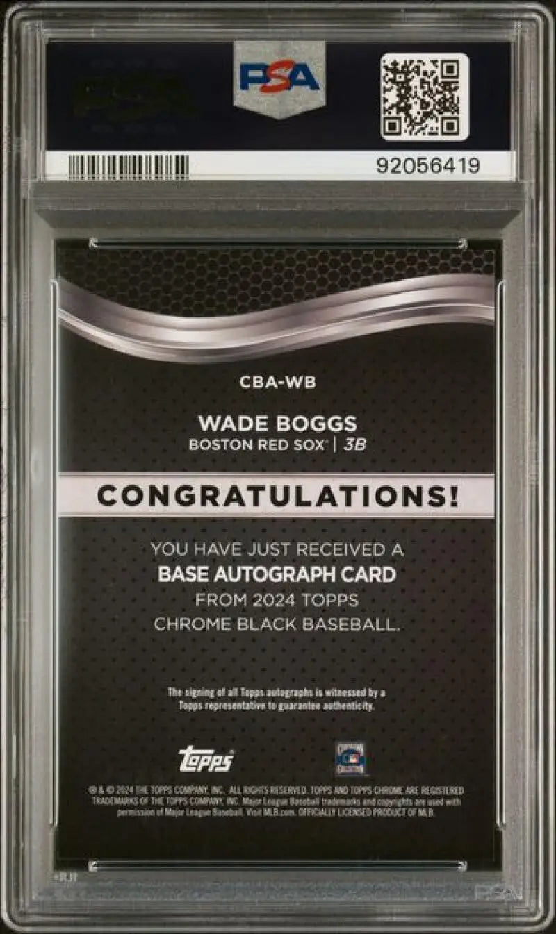 PSA-graded Topps Chrome Black Wade Boggs autograph card back, Boston Red Sox collectible