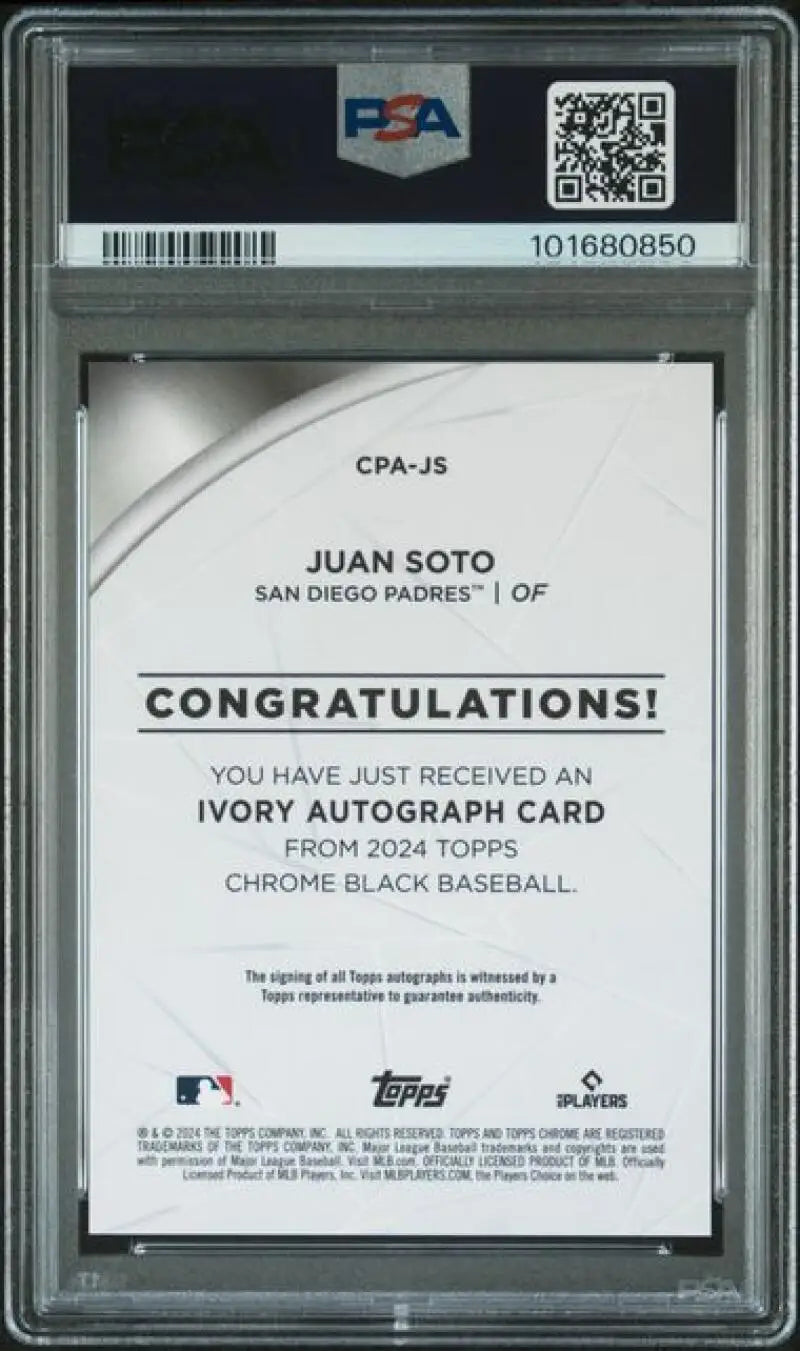 Graded 2024 Topps Chrome Black Ivory Refractor Juan Soto autographed card San Diego Padres