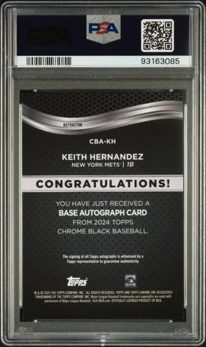 Back side of 2024 Topps Chrome Black Refractor Keith Hernandez PSA 9 Auto card