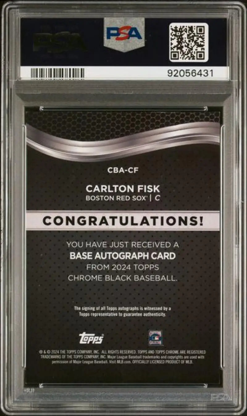 Back side of 2024 Topps Chrome Black Refractor Gold Carlton Fisk PSA 9 Auto, Boston Red Sox