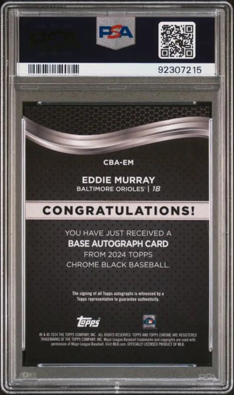 Back side of 2024 Topps Chrome Black Eddie Murray baseball card with authentication text