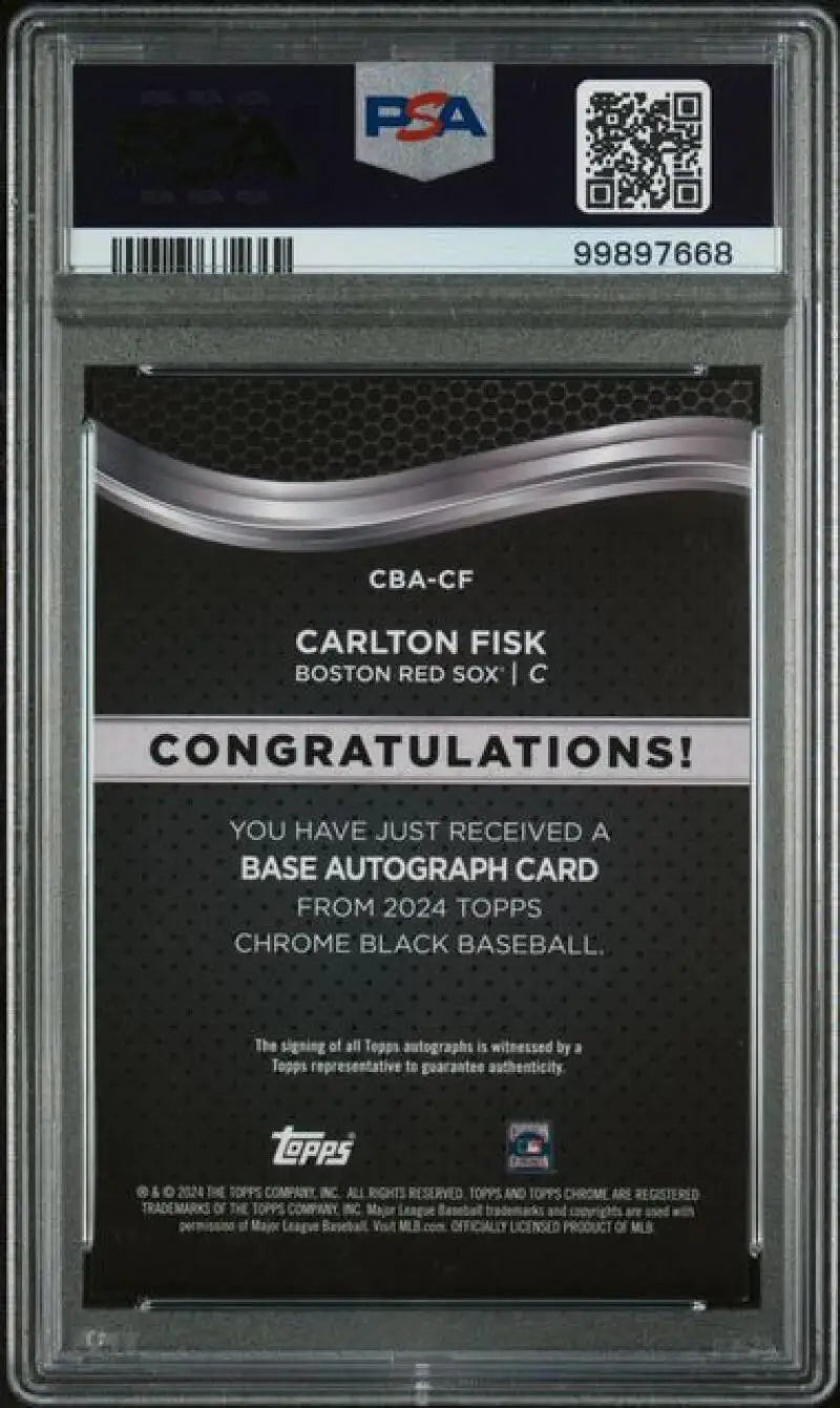 Back of 2024 Topps Chrome Black Refractor Green Carlton Fisk PSA 9 Boston Red Sox card
