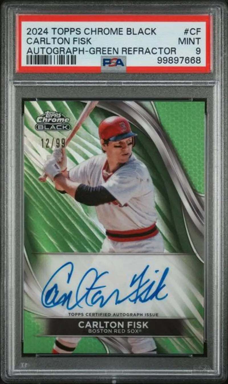 PSA 9 Mint Carlton Fisk autographed 2024 Topps Chrome Black Refractor baseball card 12/99