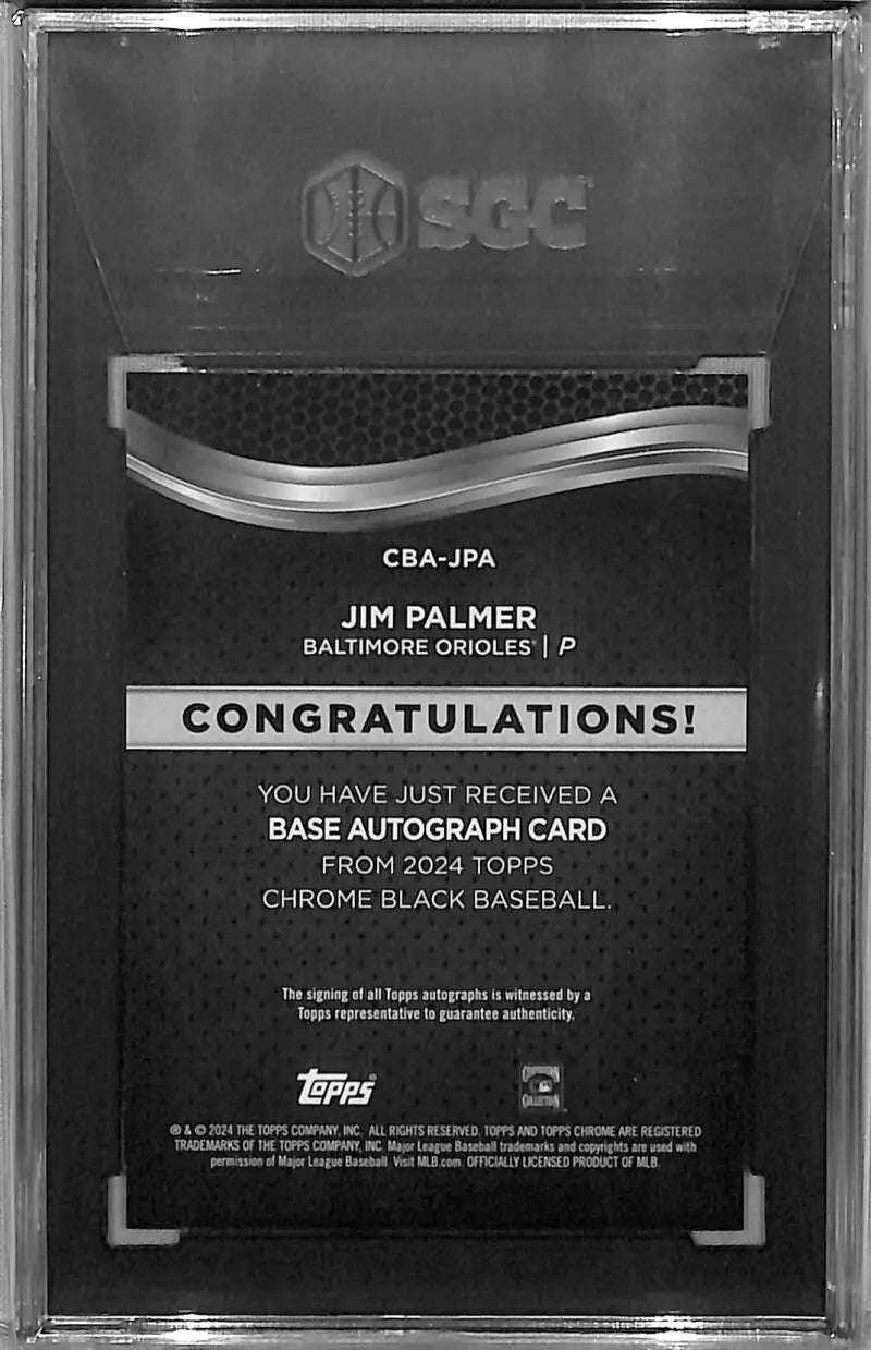 Back of 2024 Topps Chrome Black Refractor Jim Palmer baseball card autograph
