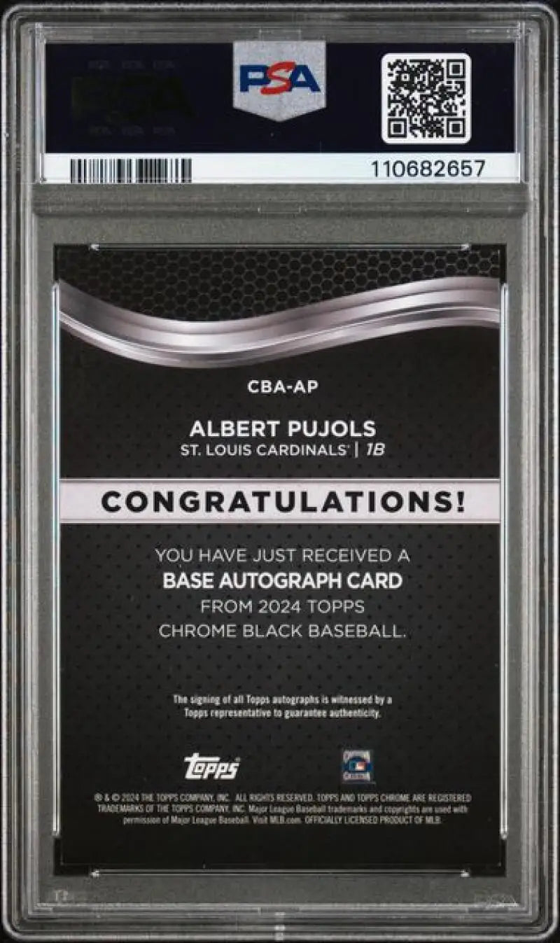 Graded Albert Pujols black refractor orange autograph card from 2024 Topps Chrome Black Refractor Orange