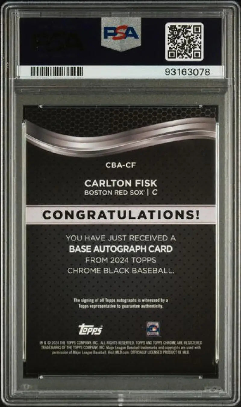 Back side view of 2024 Carlton Fisk Red Sox Baseball Card PSA-graded Topps Chrome Black