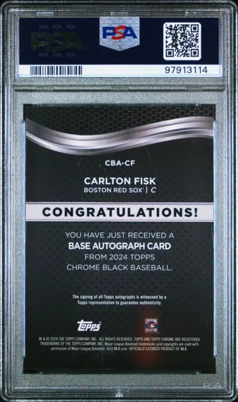 Back of 2024 Topps Chrome Black Refractor Orange Carlton Fisk PSA 8.5 certified card