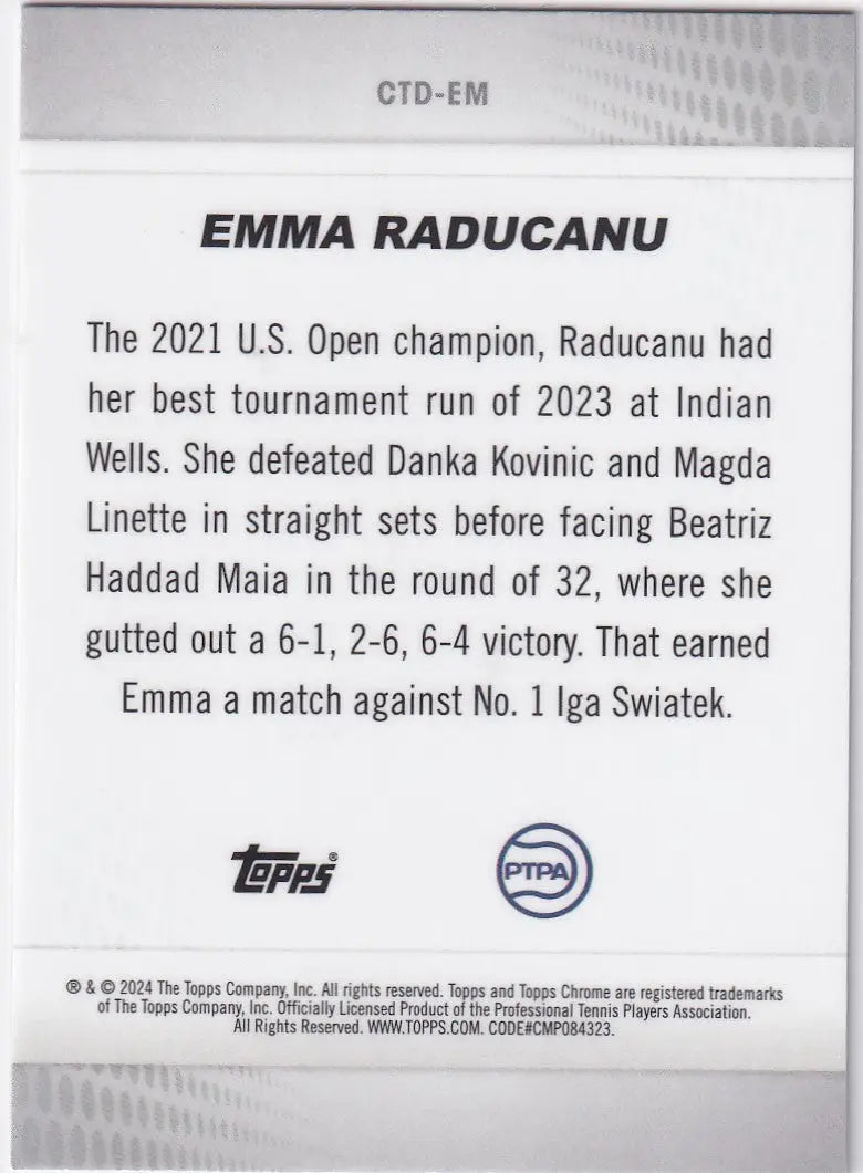 Trading card of Emma Raducanu’s 2023 Indian Wells performance, Topps Chrome Captured