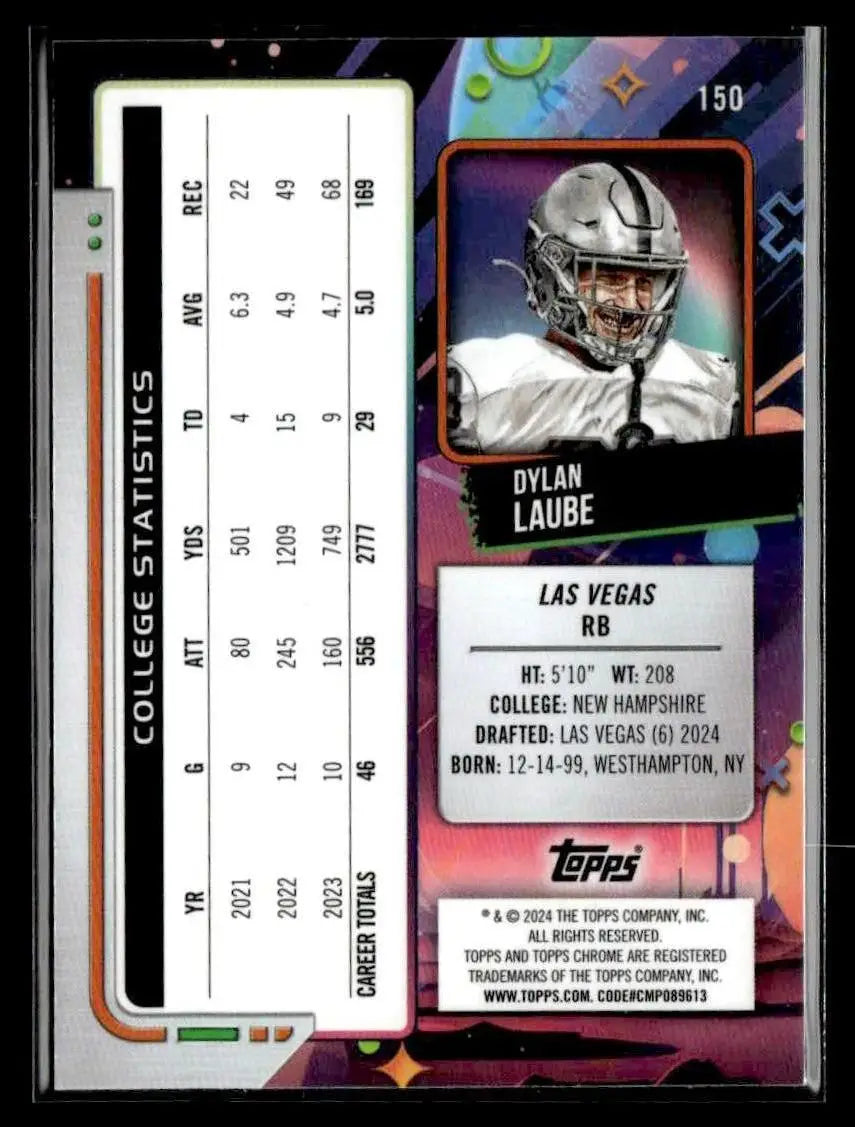 Football trading card featuring Dylan Laube from 2024 Topps Chrome Cosmic Purple Nebula Refractors