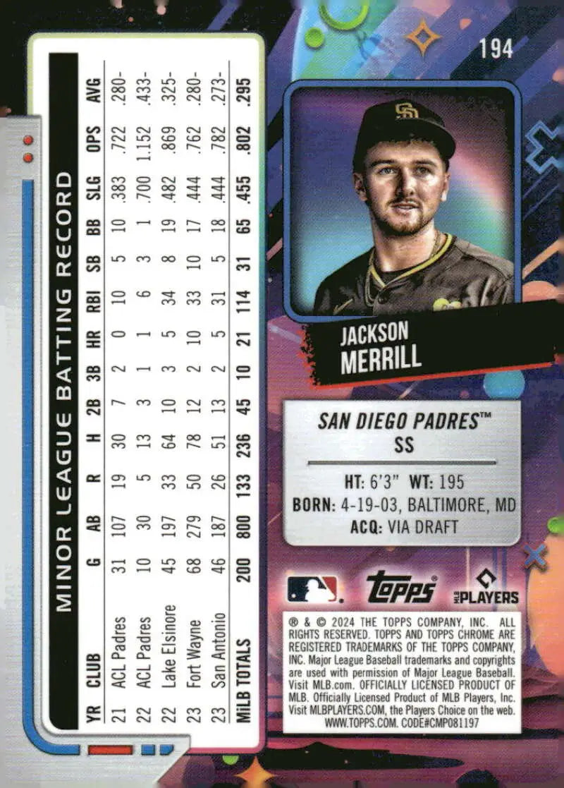 2024 Topps Chrome Cosmic #194 Jackson Merrill NM-MT RC Rookie San Diego Padres Baseball Card