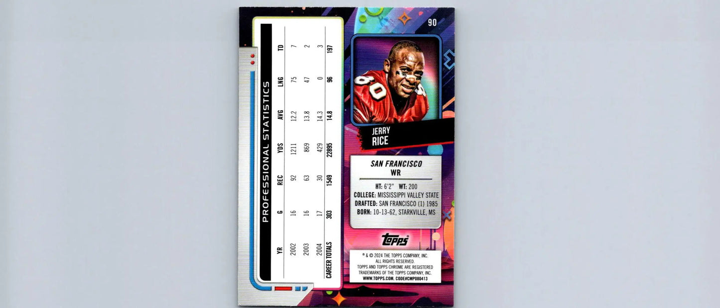 Back of a Jerry Rice Topps Chrome Cosmic football trading card in 2024 Topps Chrome Cosmic series
