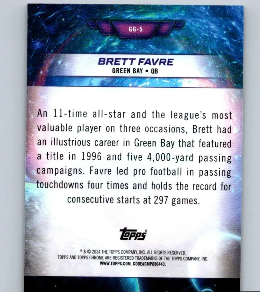 Back of a Brett Favre Green Bay Packers football card from 2024 Topps Chrome Cosmic Brett Favre Galaxy Greats