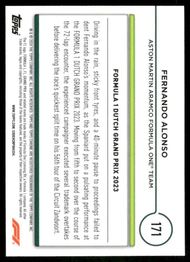 2024 Topps Chrome F1 Fernando Alonso #171 Racing - Trading Card