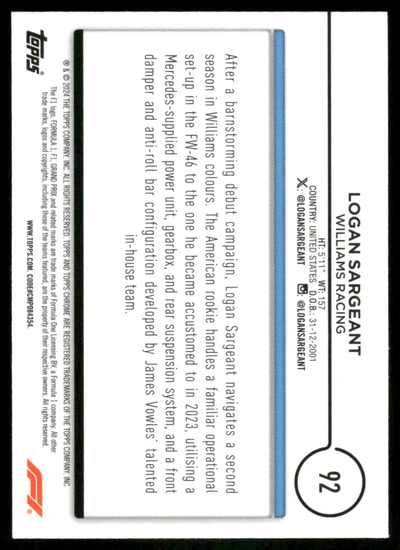 2024 Topps Chrome F1 Logan Sargeant #92 Racing - Trading Card