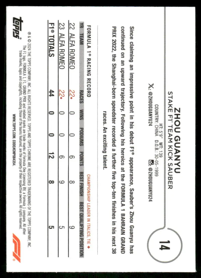 2024 Topps Chrome F1 Zhou Guanyu #14 Racing - Trading Card