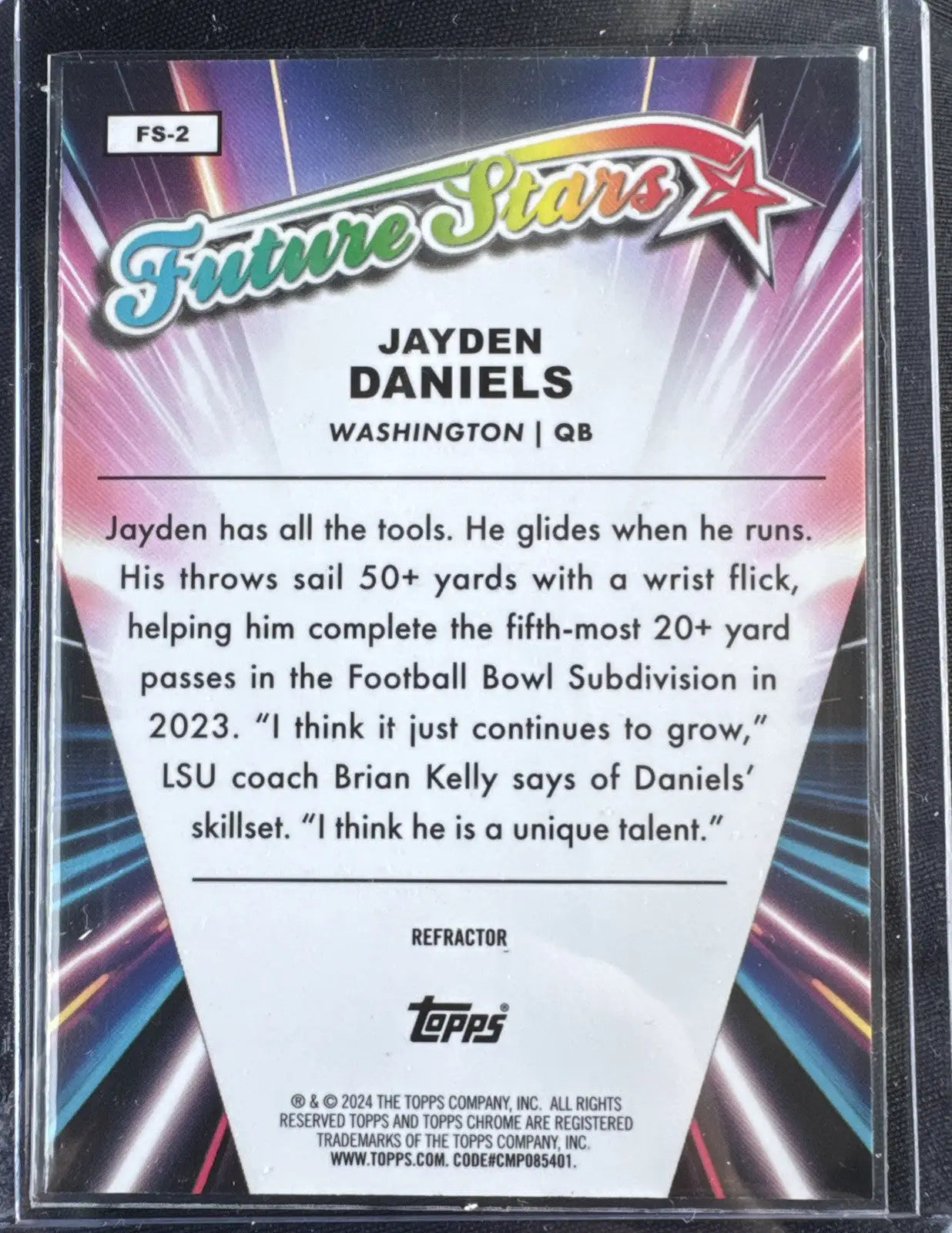 Football trading card of Jayden Daniels Future Stars from 2024 Topps Chrome Refractor