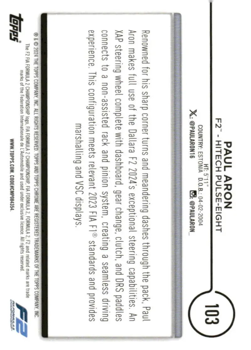 Formula 2 trading card of Paul Aron from 2024 Topps Chrome Formula collection