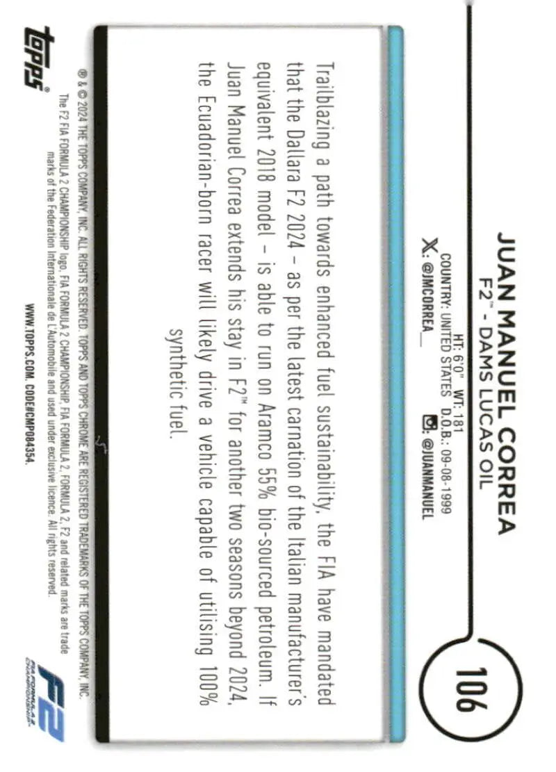 Juan Manuel Correa F2 trading card from 2024 Topps Chrome Formula 1 DAMS Lucas Oil series