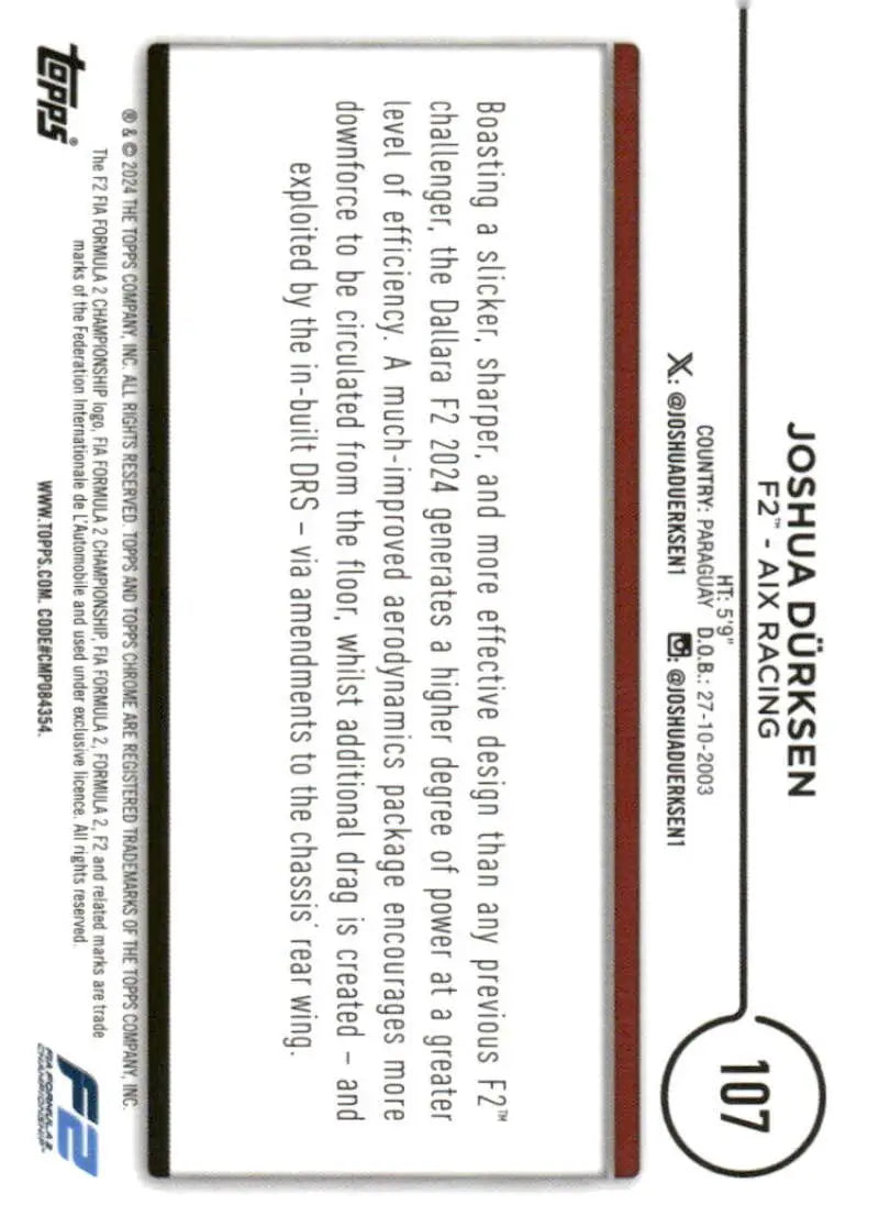 Formula 2 trading card of Joshua Durksen from 2024 Topps Chrome Formula collection