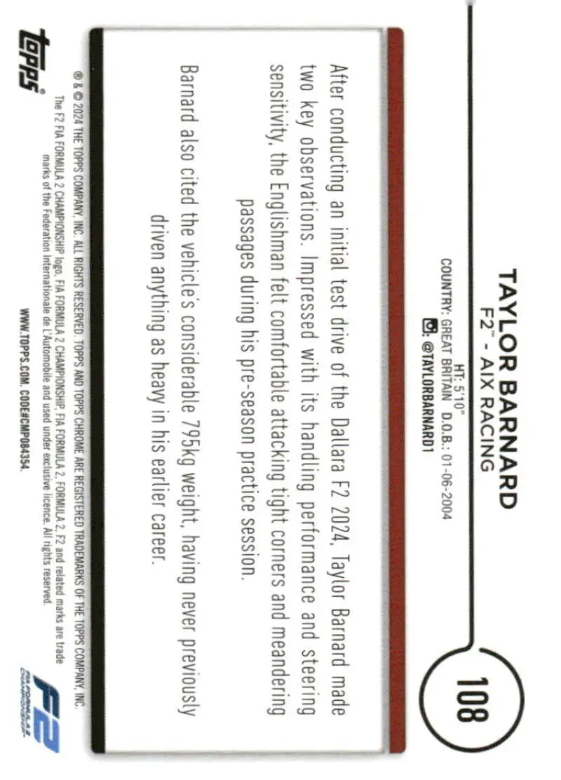 Taylor Barnard F2 trading card from 2024 Topps Chrome Formula 1 AIX Racing