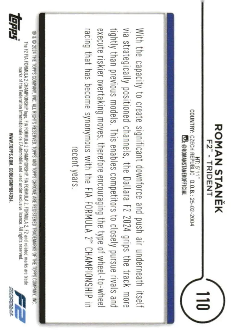 Topps Chrome Formula 2 trading card featuring Roman Stanek from Topps Chrome F1 collection