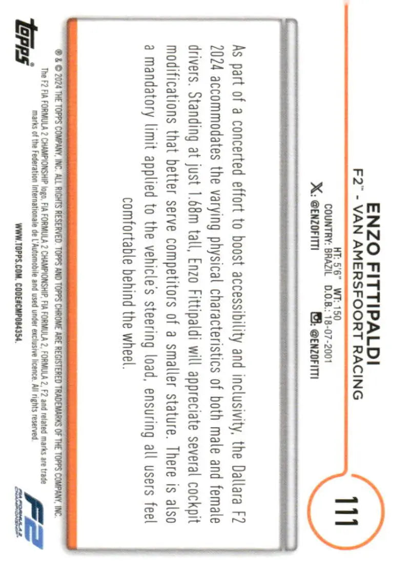 Enzo Fittipaldi F2 trading card from 2024 Topps Chrome Van Amersfoort Racing series