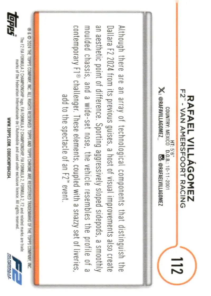 2024 Topps Chrome Formula 1 Rafael Villagomez F2 racing card at Van Amersfoort Racing