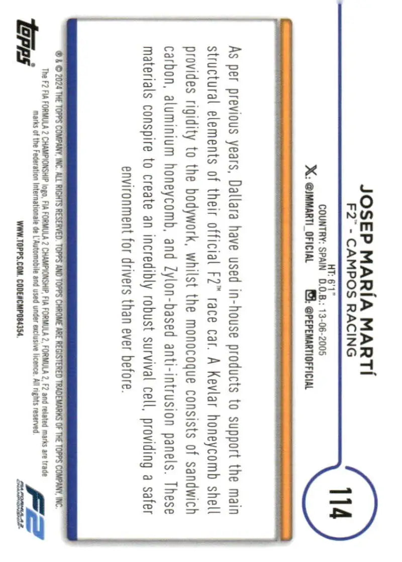 Formula 2 racing card featuring Josep Maria Marti from 2024 Topps Chrome F2 collection