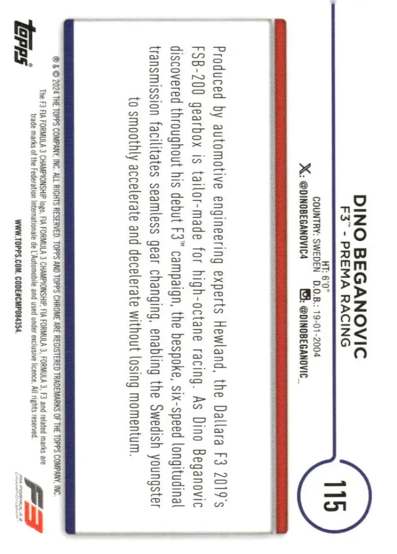 2024 Topps Chrome Formula racing card featuring Dino Beganovic from PREMA Racing