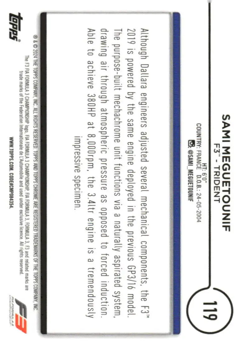 Formula 3 trading card featuring Sami Meguetounif from Topps Chrome Formula series