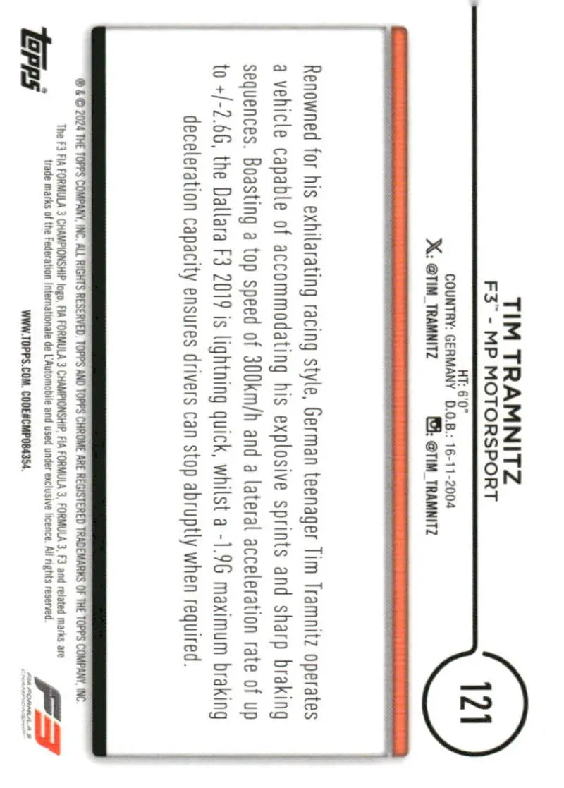 Tim Tramnitz trading card from 2024 Topps Chrome Formula 1 F3 collection