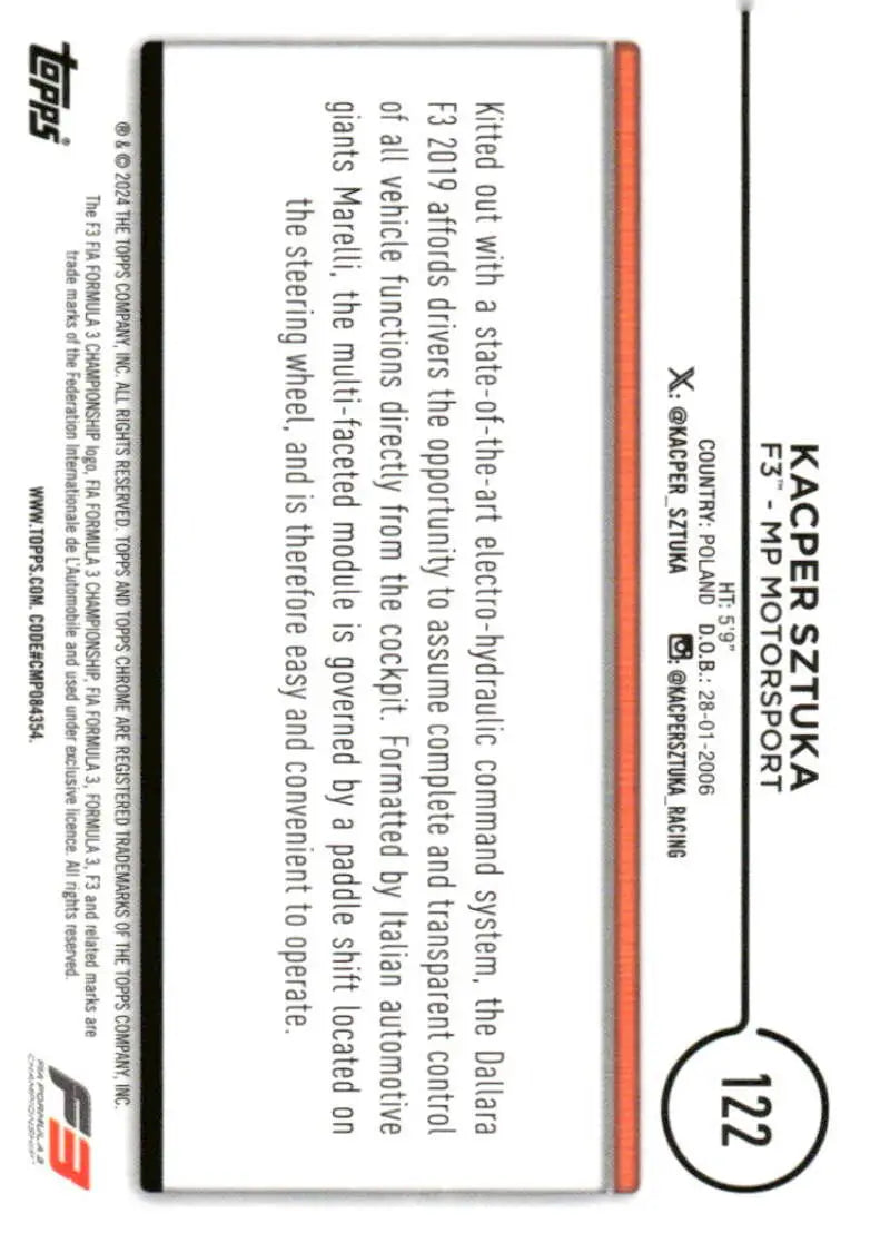 Formula 3 Kacper Sztuka trading card from Topps Chrome Formula Motorsport Racing collection