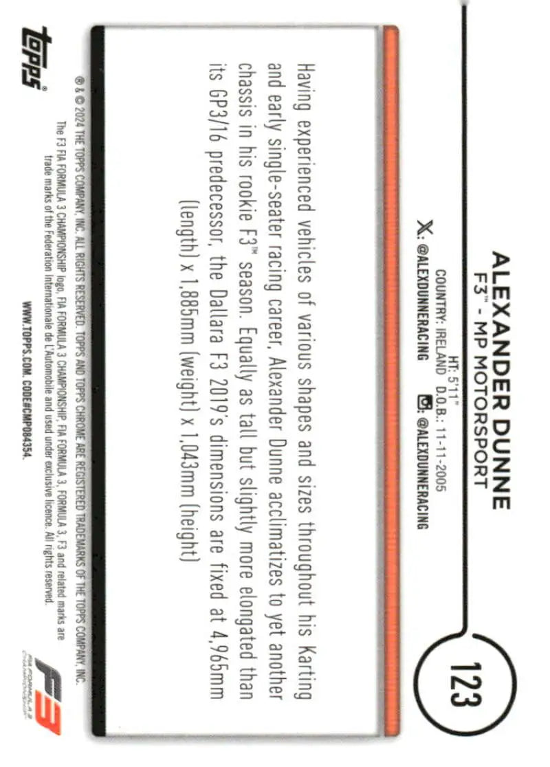 2024 Topps Chrome Formula 1 Alex Dunne trading card chrome formula racing collectible