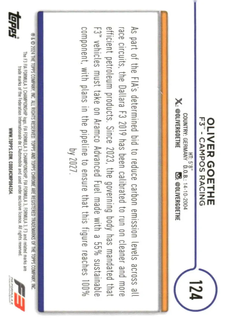 Oliver Goethe F3 trading card from 2024 Topps Chrome Formula 1 Campos Racing series