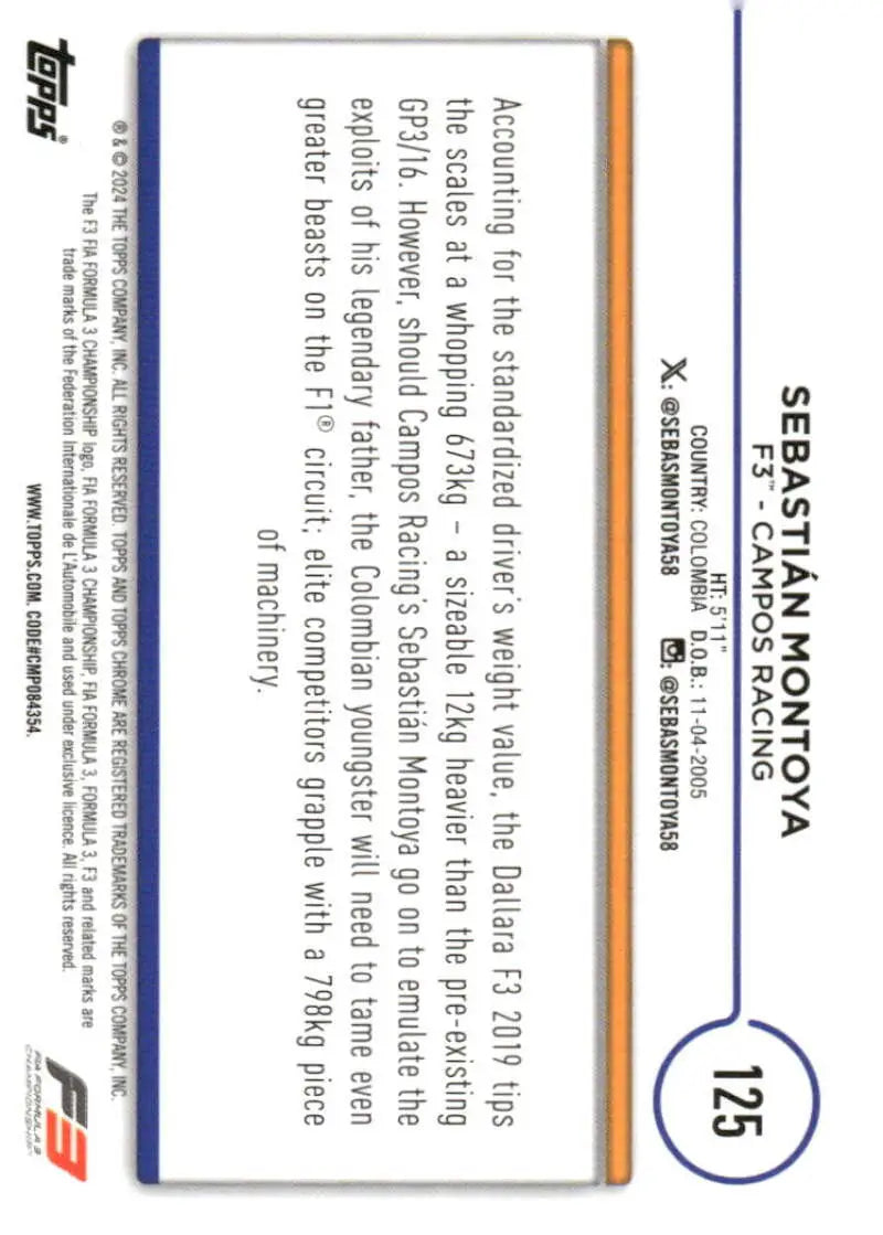 Sebastian Montoya F3 trading card from 2024 Topps Chrome Formula 1 Campos Racing