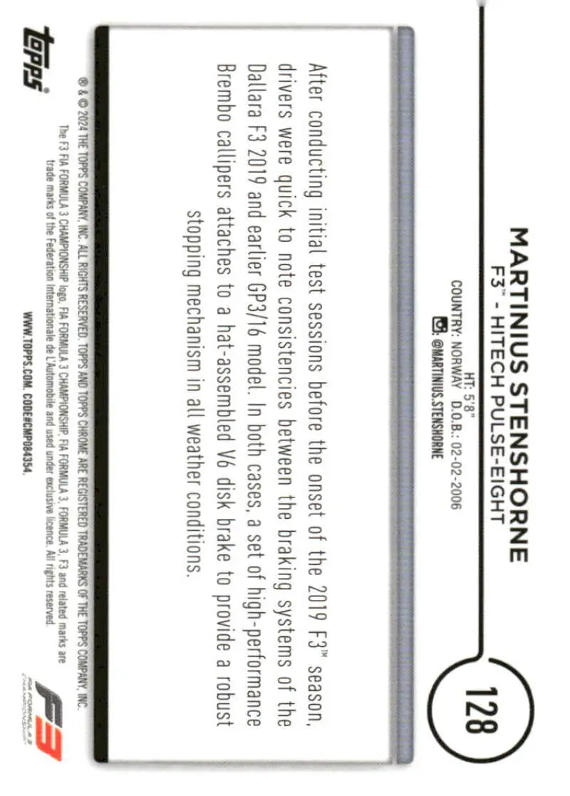 Formula 3 trading card featuring Martinius Stenshorne from 2024 Topps Chrome Formula series