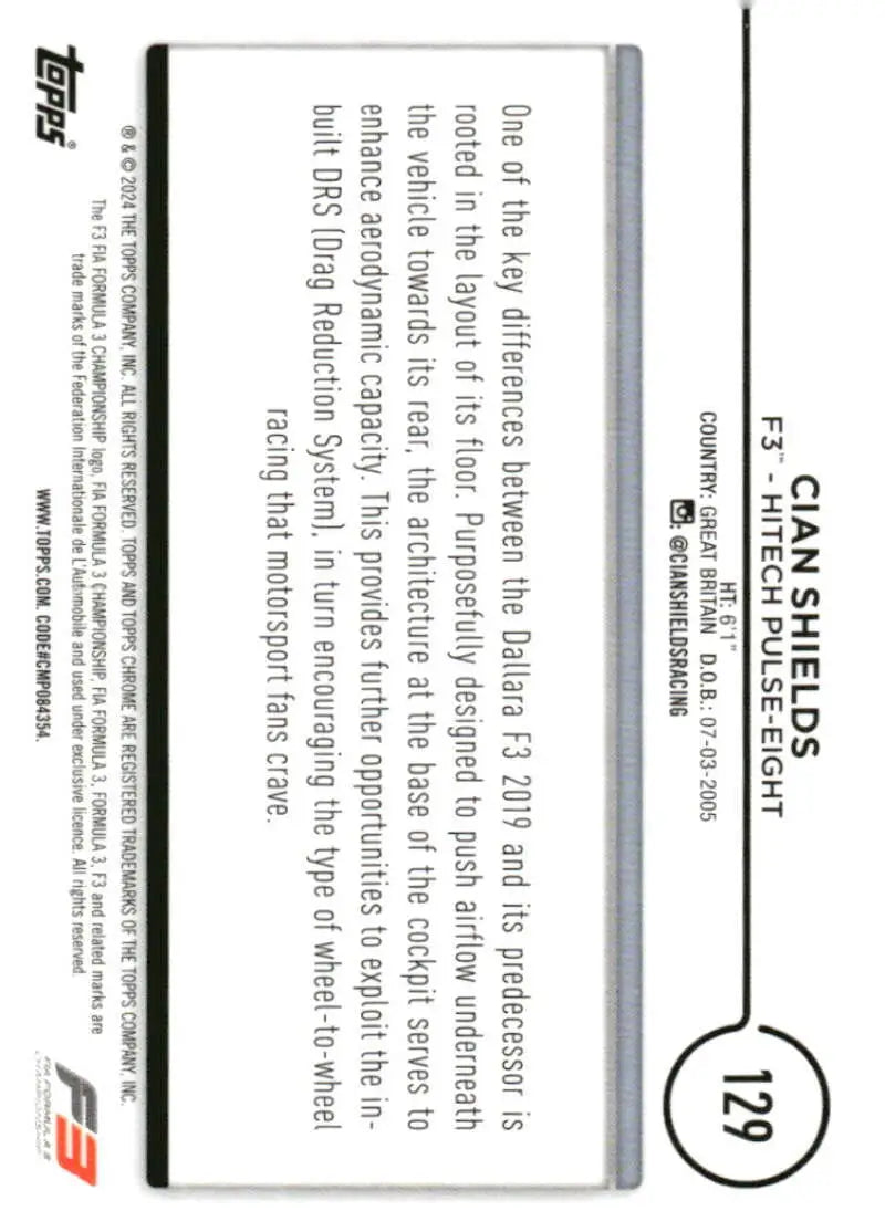 Trading card featuring Cian Shields with racing info from 2024 Topps Chrome Formula 1 series