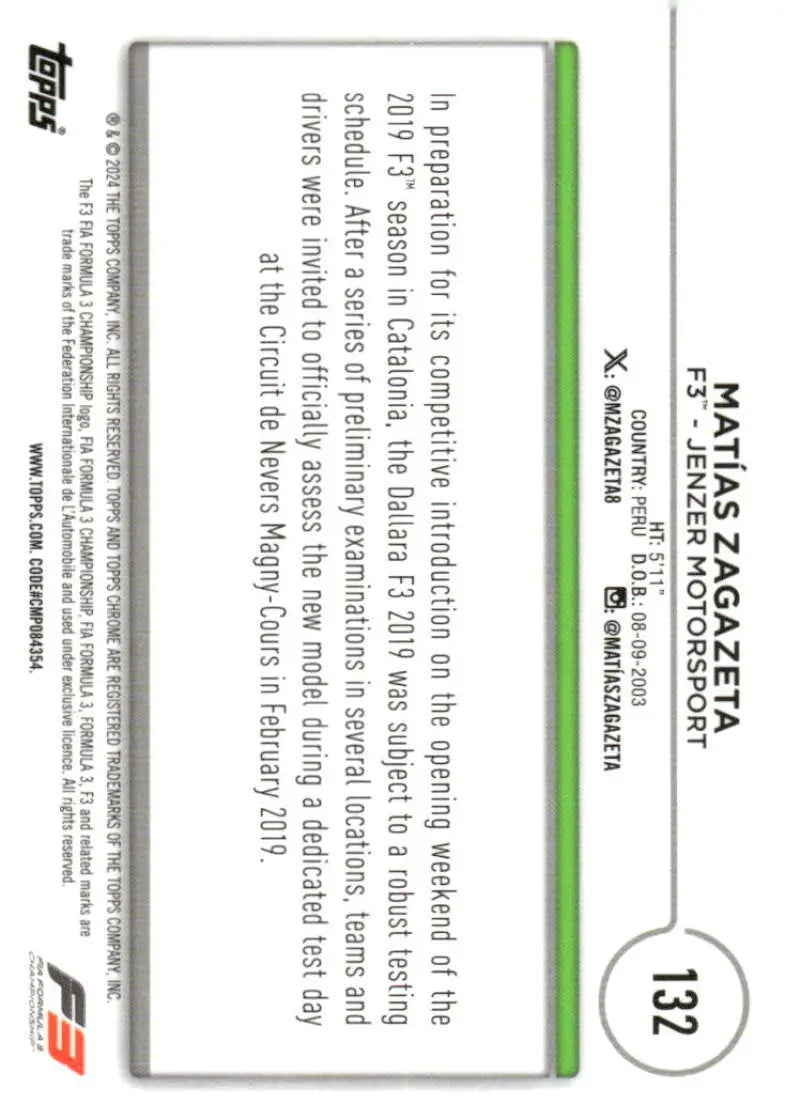 Formula 3 trading card featuring Matias Zagazeta from Jenzer Motorsport in Topps Chrome Formula series