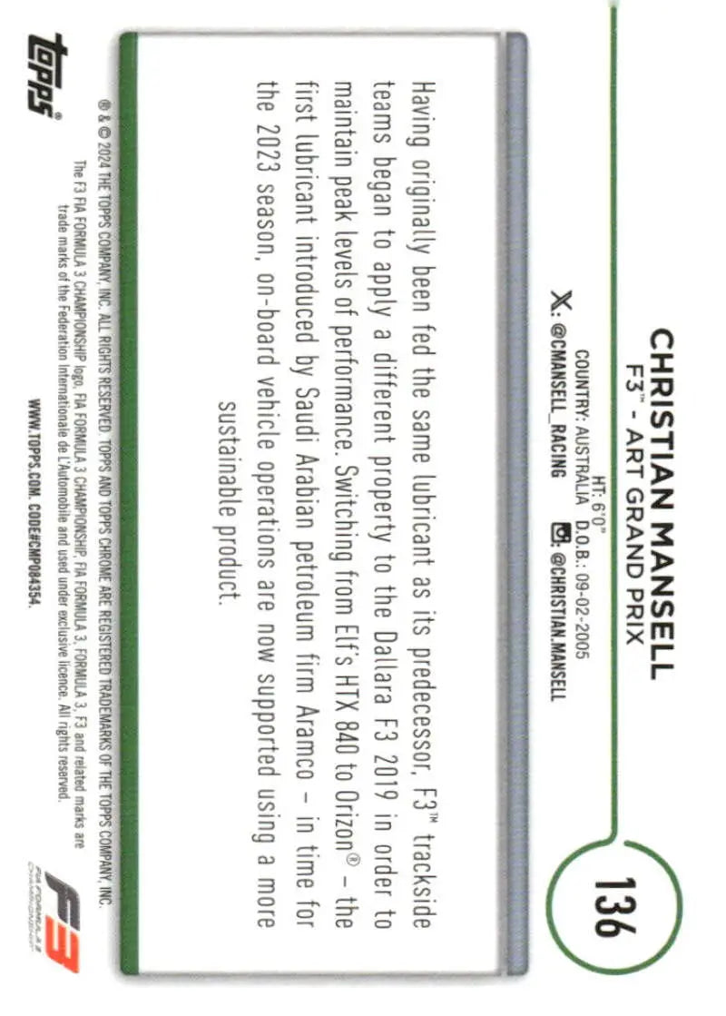 2024 Topps Chrome Formula 1 Christian Mansell ART Grand Prix Racing Card