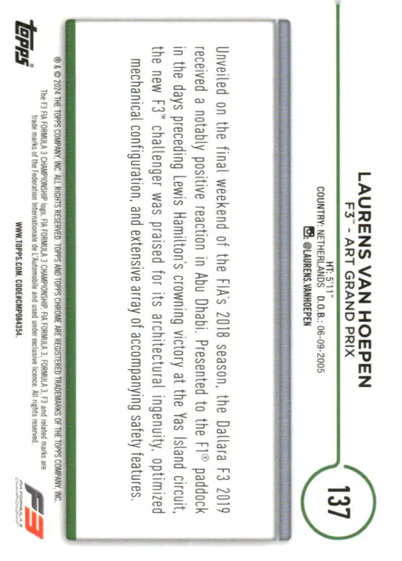 2024 Topps Chrome Formula 1 van Hoepen racing card featuring Laurens van Hoepen F3 ART Grand Prix