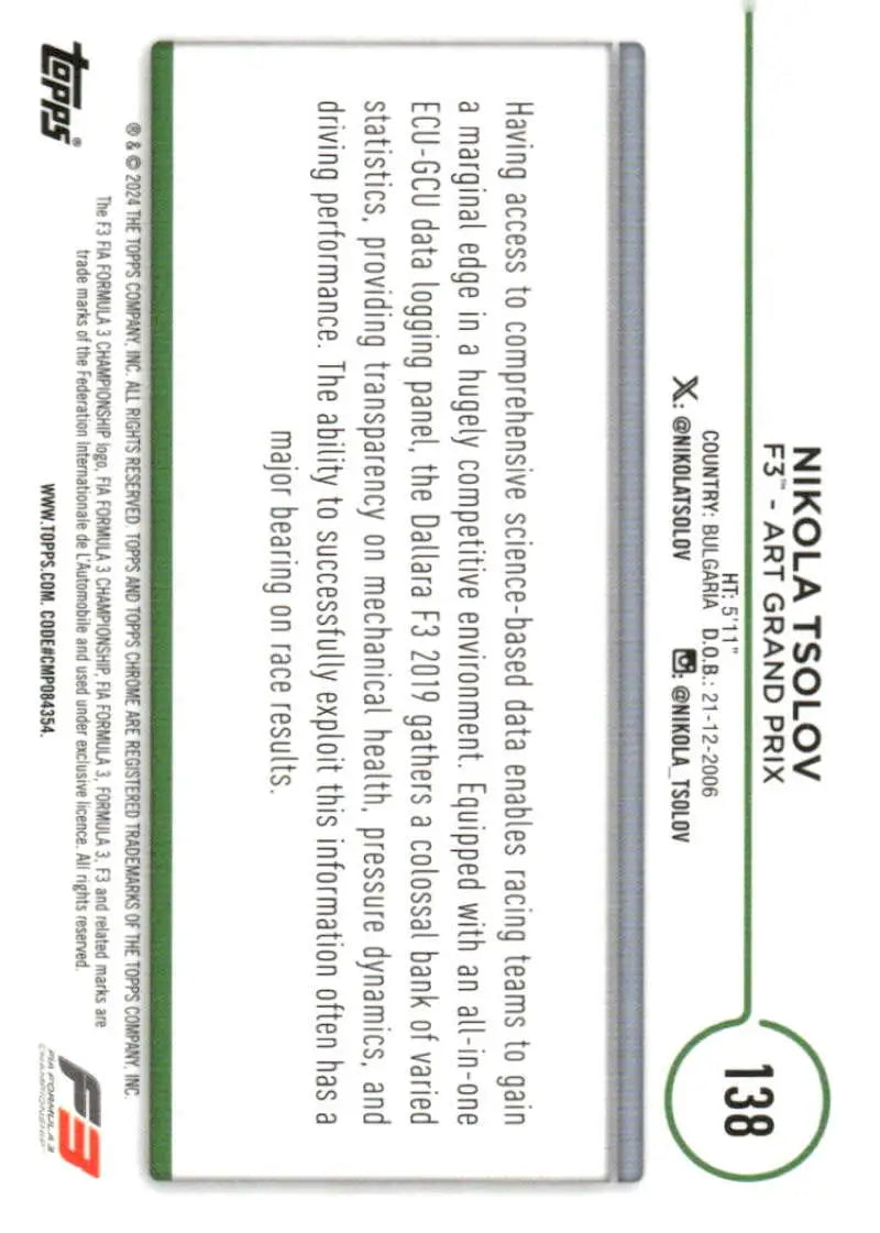 Nikola Tsolov ART Grand Prix F3 trading card from 2024 Topps Chrome Formula 1