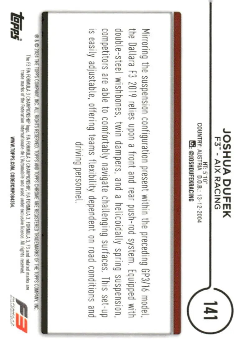 Formula 3 trading card featuring Joshua Dufek from 2024 Topps Chrome Racing Card collection