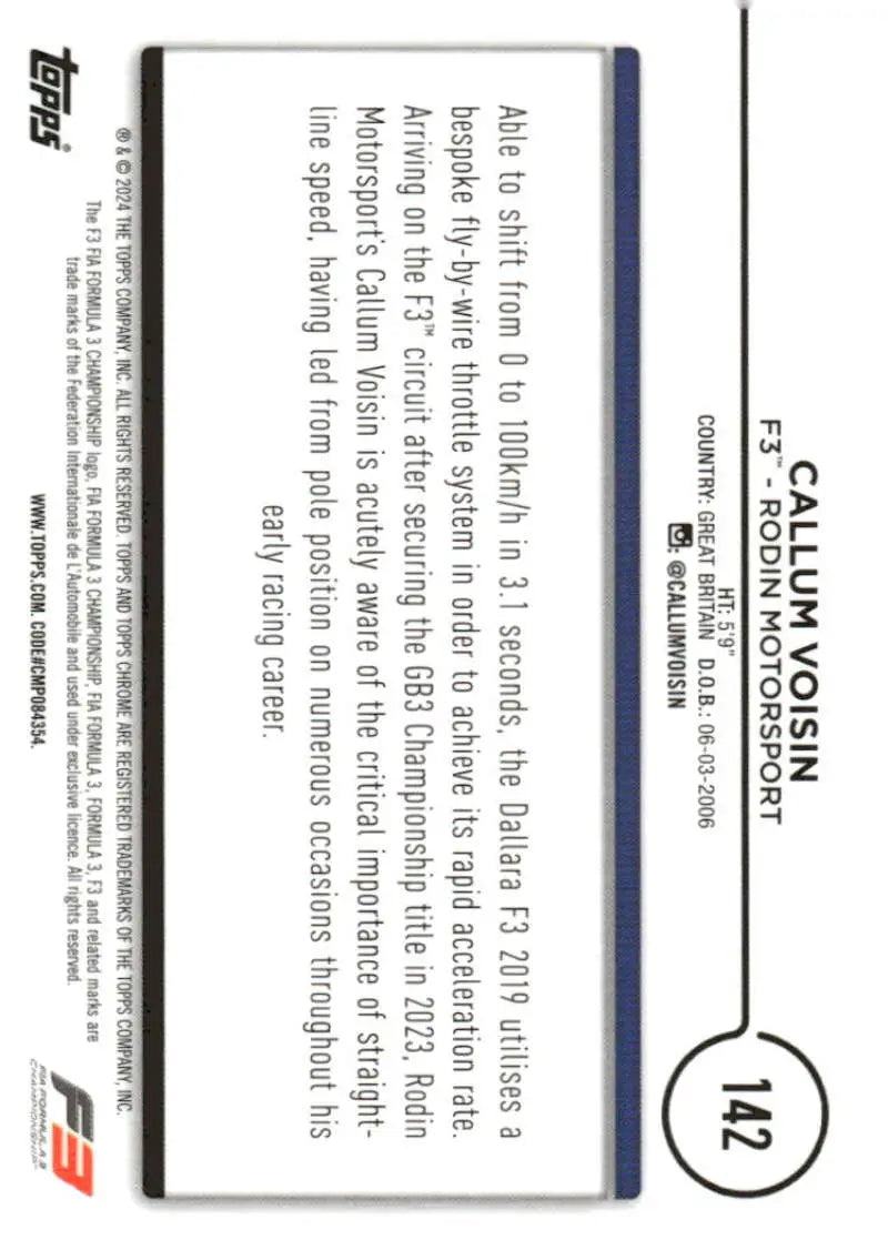 Formula 3 trading card of Callum Voisin from Topps Chrome Formula series